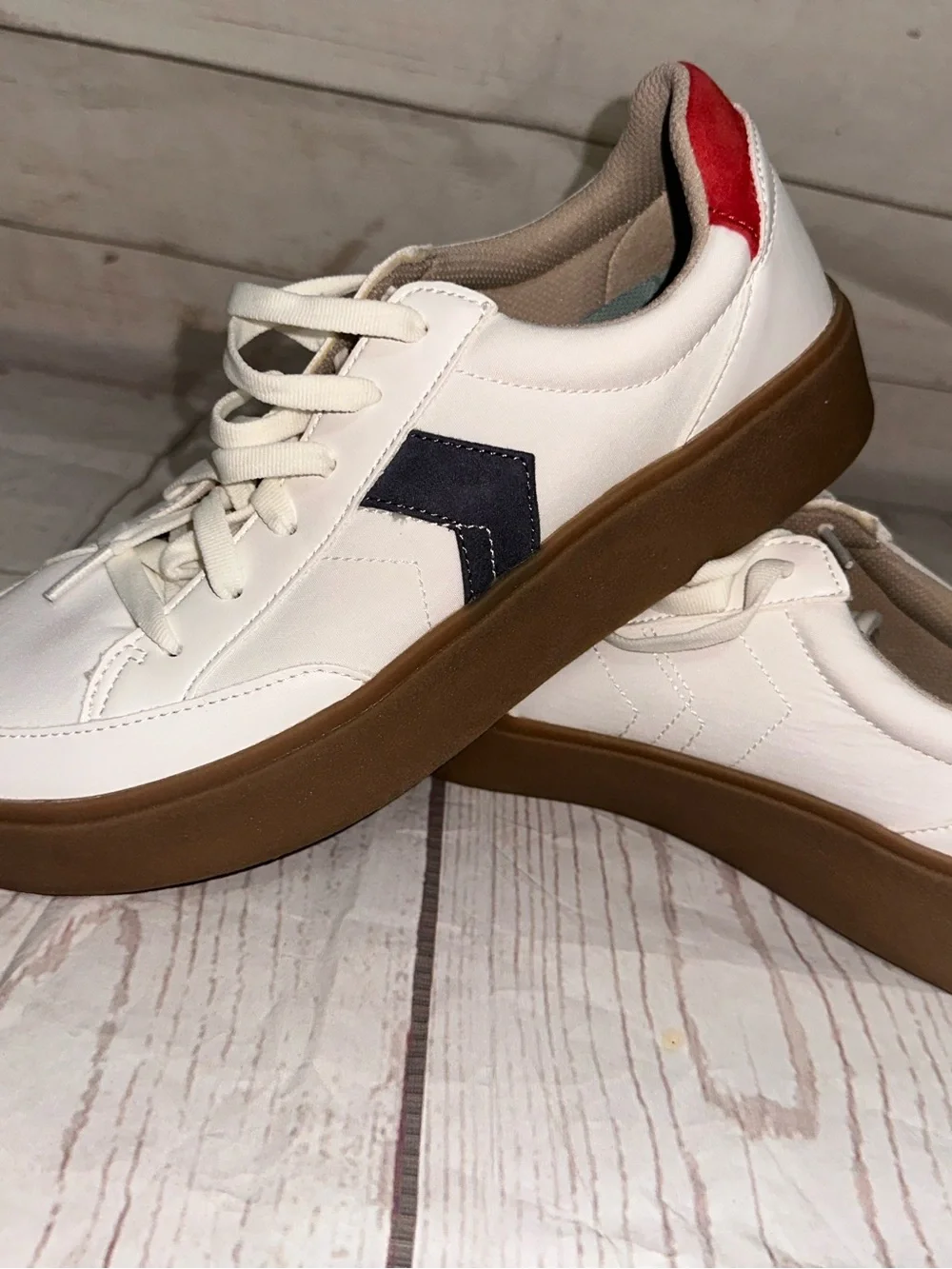 Dr. Scholl's White Sneakers with Navy Chevron and Red Heel